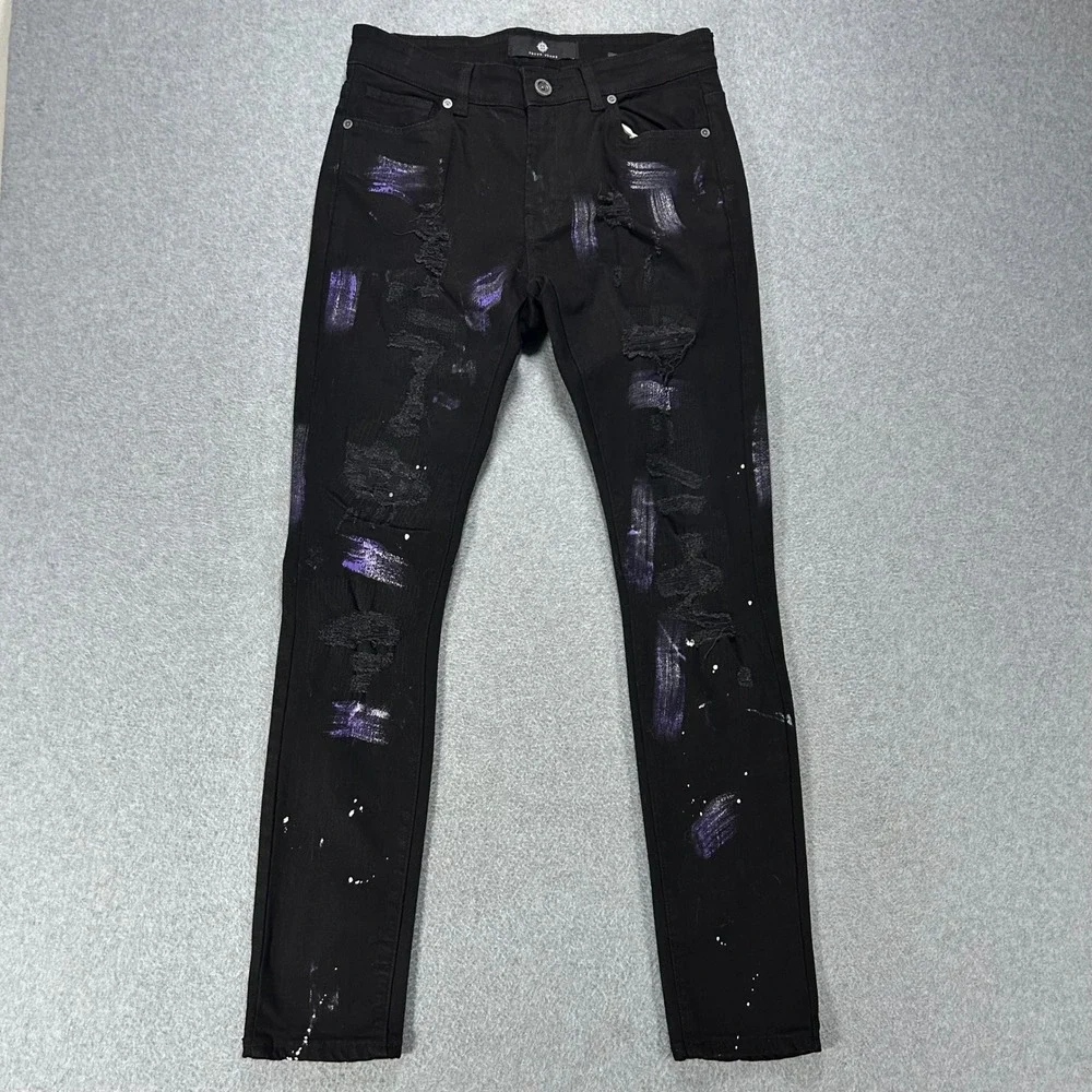 Focus Jeans Distressed Pants Mens 32 Black Purple Paint Splatter Streetwear